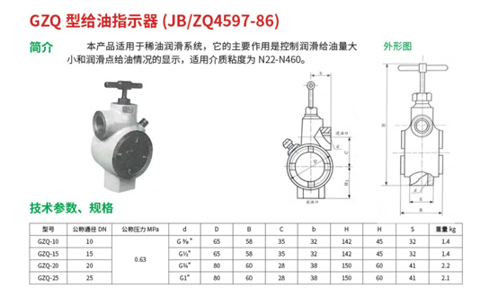 GZQ型给油指示器（JB/ZQ4597-86）